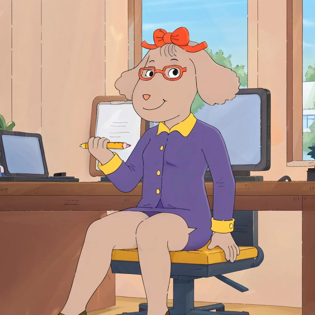 source_cartoon, Fern Walters, solo, 1girl, anthropomorphic dog, animal ears, tannish grey fur. red bow on her head, Office, office suit, skirt, pencil skirt, glasses, upskirt, smirk, looking at viewer, office background, window, sitting on chair, legs spread,