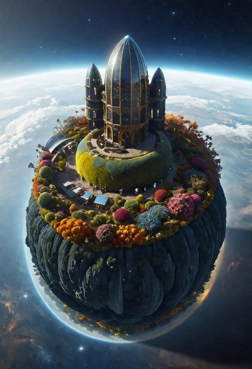 archiaerialview of a huge wooden tower on a colorful autumn flower meadown on a small floating dreamy planet floating in deep Blue space, the Planet is a Ethereal eternal garden, Moss, plants and leafs, fluffy, low-key, cinematic, deep blacks, OverallDetail,(Fantasy:1.2), Mad architecturial wooden Lighthouse with skyhigh crazy Geometry, dynamic lighting,