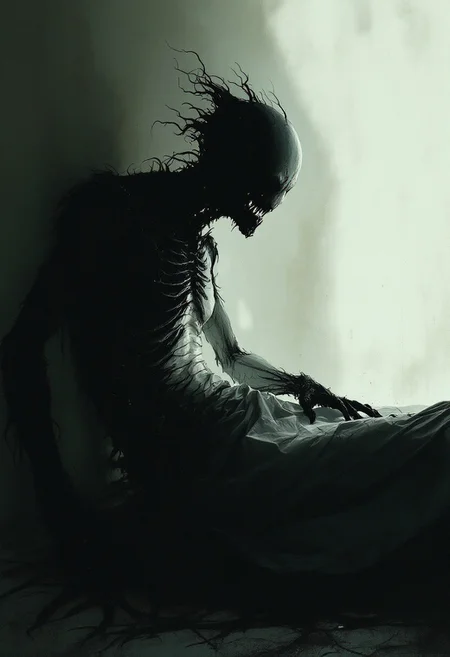 A dark entity sits on my bed, A dark entity keeps me awake all night. The disturbing and grotesque world of Stephen Gammel. Andrew Wyeth style, Katsuhiro Otomo. Masterpiece, high quality work. Full-length view. Perfect body anatomy. Digital art. Unnatural muted colors. Shadows.