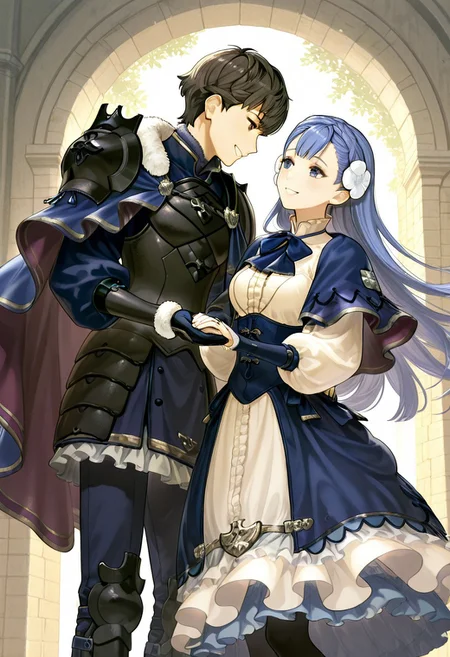 masterpiece, best quality, amazing quality, soft lighting, low lighting, volumetric lighting, outdoors, 1girl, <lora:rinea-10:0.8>, rinea_(fire_emblem), hair ornament, flower, blue hair, , blue eyes, long hair, hair flower, crown braid, black pantyhose, fur trim, corset, flower, puffy sleeves, frills, pantyhose, frilled dress, puffy long sleeves, blue bowtie, blue dress, long sleeves, blue bow, white dress, shoes, braid, dress, blue skirt
BREAK
1boy, b3rkut_fe, brown hair, bangs, short hair, brown eyes,black armor, fur trim, blue cape, pauldrons, shoulder armor, gauntlets, pants, holding hands to each other, looking at each other,smile, cowboy shot