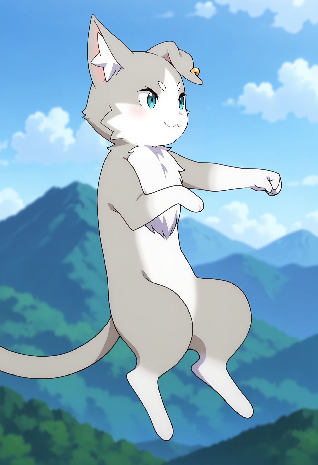 anime screencap, masterpiece, best quality,
<lora:ReZero_Puck_IlluXL:0.9>,
no humans, solo, closed mouth, smile, :3, v-shaped eyebrows,
cat, single ear down, animal ear piercing, aqua eyes, two-tone fur, neck fur, grey fur, white fur, cat tail,
punching, outstreched arm, from side, floating, midair, full body,
mountainous horizon, blue sky, blurry background,