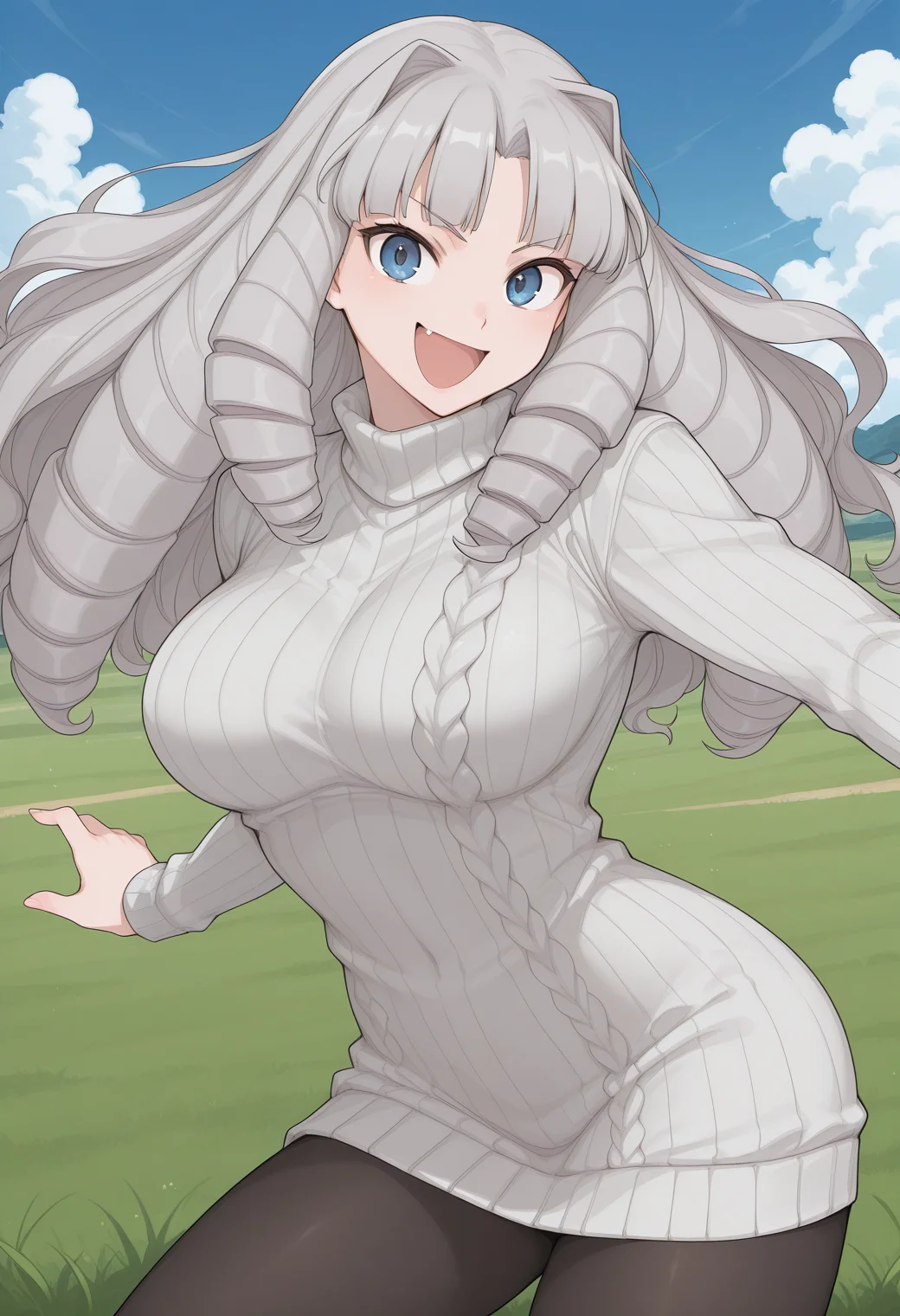 fuzidou_oriko, blue eyes, grey hair, long hair, drill hair, sweater, sweater dress, turtleneck, ribbed sweater, long sleeves, pantyhose, <lora:fuzidou_oriko_illustrious_ver2:0.8>
smile, open mouth, (looking at viewer:1.2),, masterpiece, best quality, sensitive,, 1girl, solo, blue sky, (grasslands:1.2), looking at viewer,, (dynamic pose:1.4), (upside-down:-1),