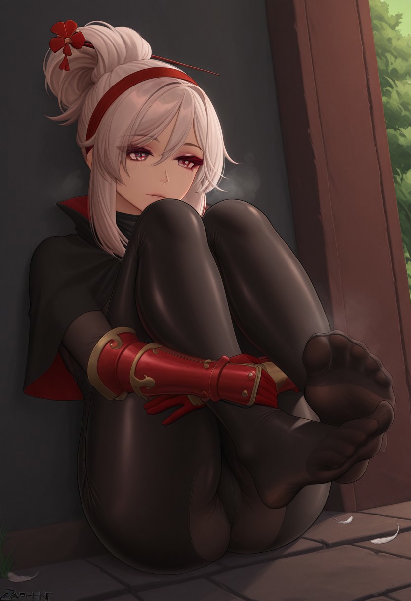 zaphn,  outdoors, undershirt, falling feathers, black bodysuit, hair stick, hugging own legs, , gauntlets,   eyeshadow,   red gloves,  high ponytail,  , black capelet, red hairband, pink eyes, 1girl, solo, feet, visible breath,   dynamic angle, foreshortening, smell, steam,