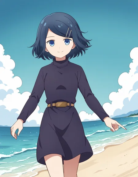score_9, score_8_up, score_7_up, source_anime, <lora:dungeonpeople-clay-s1-ponyxl-lora-nochekaiser:1>, clay, short hair, blue eyes, black hair, hair ornament, blue hair, hairclip, swept bangs,, dress, belt, long sleeves, turtleneck,, beach, sunset, walking along shore, footprints in sand, waves, peaceful, smile, , v,, solo,, cowboy shot, dutch angle