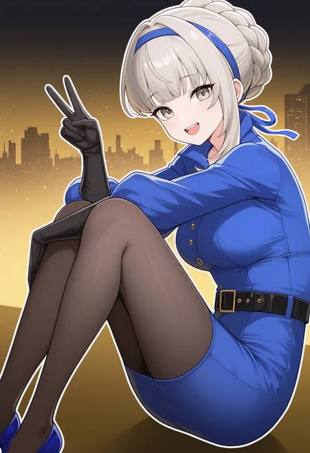 1girl, solo, sitting, :d, upper teeth only, v, knees up, looking at viewer, (from side:0.3), <lora:MeropeP5X-illu:1> m3r0, grey hair, braid, single hair bun, blue hairband, hair ribbon, blue ribbon, single sidelock, grey eyes, blue dress, medium breasts, collared dress, puffy sleeves, long sleeves, black gloves, black belt, pencil dress, black pantyhose, high heels, blue footwear, city pop, yellow background, skyline, (abstract background:0.5), white outline, masterpiece, best quality, good quality, newest