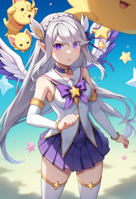 score_9, score_8_up, score_7_up, source_anime,
BREAK
<lora:shistarguardianV1:1.0>,
shistarstylerng, starguardianstyle, magical girl, alternate costume, star guardian \(league of legends\),
pleated skirt, zettai ryouiki, thighhighs, choker, covered navel, turtleneck, cleavage, detached sleeves, elbow gloves, jewelry, gem, feathered wings,
tiara, sailor collar, eyes visible through hair, armlet, circlet, pink lips, bow, bowtie,
alternate hairstyle, alternate hair color, hair ornament, yordle, creature, star \(symbol\),
1girl, solo,
<lora:shiEmiliaV2:1> shimilia, long hair, grey hair, purple eyes, pointy ears, crown braid, hair flower, hair ribbon, purple ribbon, x hair ornament
angry, looking at viewer, shaded face, flying, floating hair, blue sky,