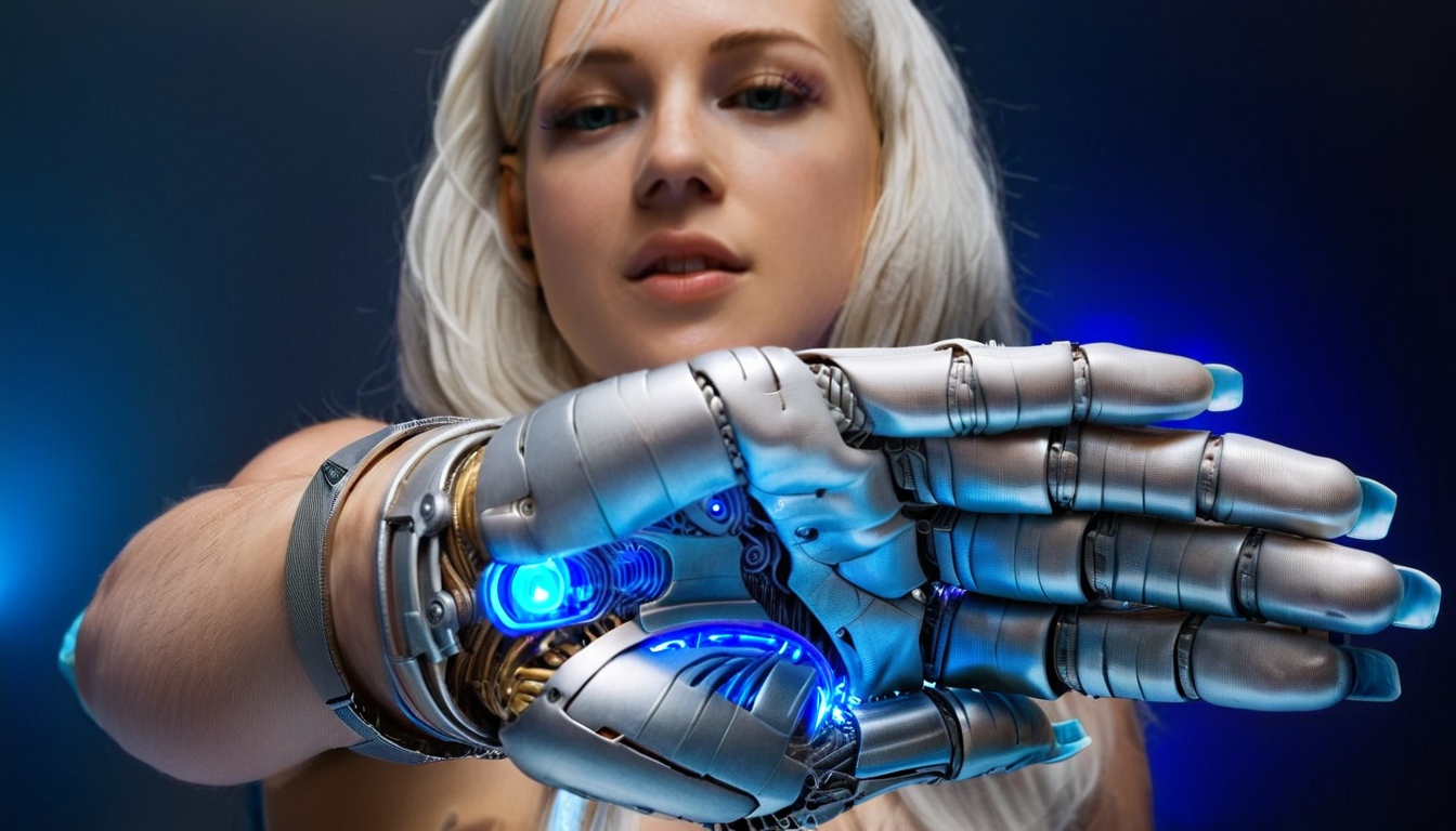 showing her hand palm, cupping, robotic woman, metallic skin, futuristic design, glowing blue eyes, sleek silver body, cybernetic enhancements, advanced technology, circuit patterns, sci-fi setting, mechanical joints, artificial intelligence, high-tech, chrome, digital interface, synthetic hair, precision, innovation, modern, holographic elements, high quality, portrait, close-up  <lora:hand 4:1> <lora:POVHGVERSION3:1>