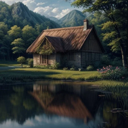 Oil painting of a cottage near a pond, spring time.