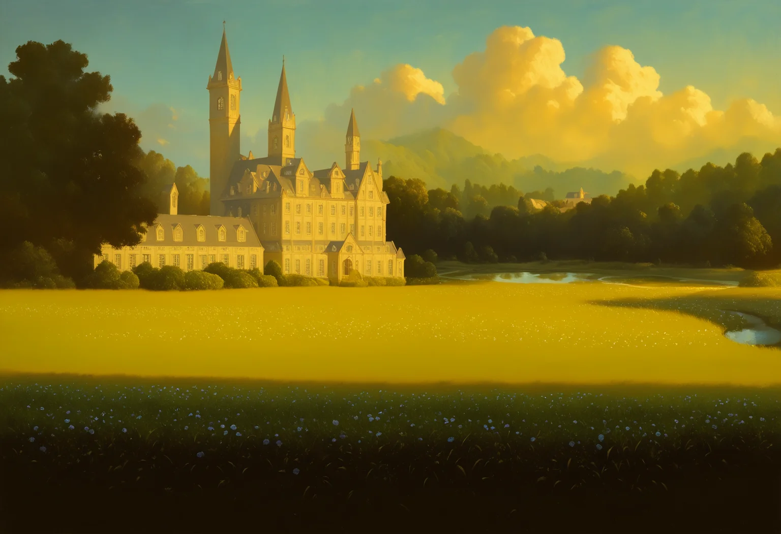 very awa, masterpiece, best quality, hightres, absurdres, no humans, scenery, summer, morning, meadow, river, garden, mansion, oil painting \(medium\), <lora:EXpeRimental-IL:1>