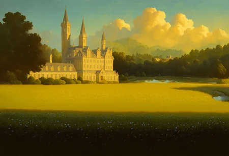 very awa, masterpiece, best quality, hightres, absurdres, no humans, scenery, summer, morning, meadow, river, garden, mansion, oil painting \(medium\), <lora:EXpeRimental-IL:1>