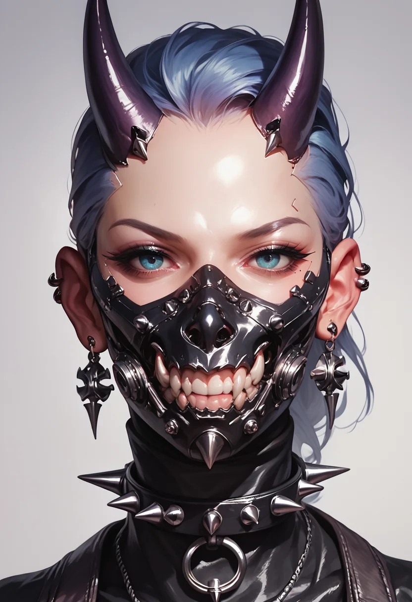 (score_9, score_8_up), score_7_up, 1girl, looking at viewer, jewelry, horns, teeth, shiny, collar, mask, spikes, realistic, mouth mask, stud earrings, spiked collar, cyberpunk, respirator
<lora:masky-000009:0.8>