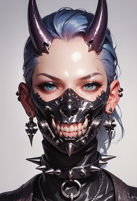 (score_9, score_8_up), score_7_up, 1girl, looking at viewer, jewelry, horns, teeth, shiny, collar, mask, spikes, realistic, mouth mask, stud earrings, spiked collar, cyberpunk, respirator
<lora:masky-000009:0.8>