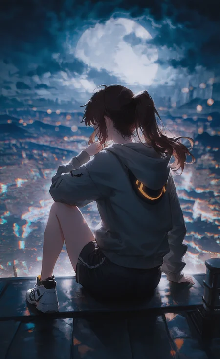 masterpiece, best quality, good quality, very awa, very aesthetic, absurdres, newest, 1girl, solo, long hair, brown hair, black hair, long sleeves, sitting, ponytail, outdoors, sky, shorts, shoes, cloud, hood, from behind, blurry, hoodie, blurry background, night, depth of field, hood down, moon, cloudy sky, sneakers, building, night sky, full moon, city, facing away, cityscape, grey hoodie, rooftop, city lights, 96yottea, <lora:ponyv6_noobE11_2_adamW-000017:0.7> <lora:USNR_STYLE_XL_lokr:0.45> <lora:96YOTTEA-WAI:0.3> <lora:WSSKX_WAI:0.8>