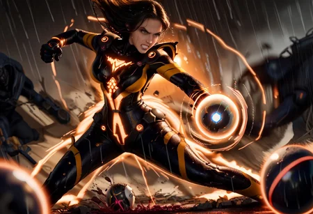 score_9, score_8_up, score_7_up, score_6_up,
stellartachy, 1girl, solo, black  hair, black eyes, long hair, (Large black round armored Shoulder pads:1.4), (look at viewer, perfect eyes; 1.5), perfect lips, (very angry, teeth, crying eyes:1.6)
Large hips, tight waist,
(orange neon lines), ( black glowing plugsuit:1.3), cyberpunk gloves, 
(Wet rain, worm, hurricane: 1.5),
cowboy shot, white background, (epic, movie scene , action scene, fight, colorful, bokeh, god light:1.4), (motion blur, action shot:1.74)
(Blood of enemies dripping from everywhere: 1.5),
(excessive Kamehameha power ball magic light neon effect:1.8), (motion vibrations, destruction: 1.5)