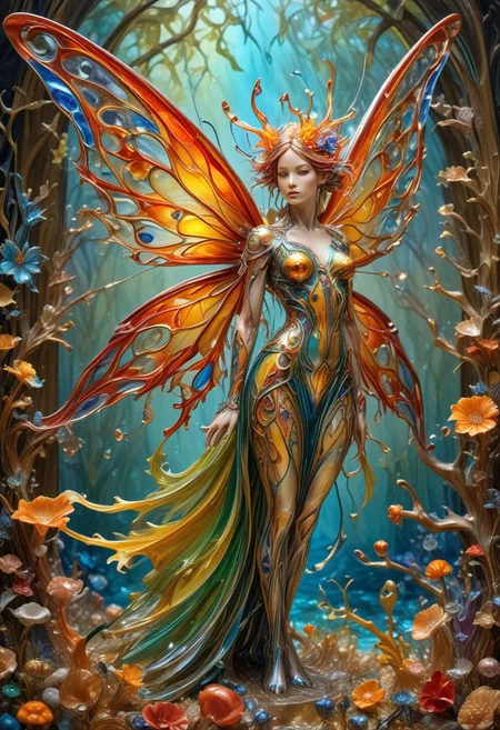 reality-shot, realism, realistic photography of a very detailed fairy, see through wings made out of colorful liquid Murano Art Glass, awesome appearance, magical landscape with enchanted elements, fantasy art style, coral theme, intricate details, ultra sharp, exquisite detail, flawless composition, vivid colors, masterpiece, exciting background   <lora:Colorful_Murano_Art_Glass_style_-_SDXL:0.85>