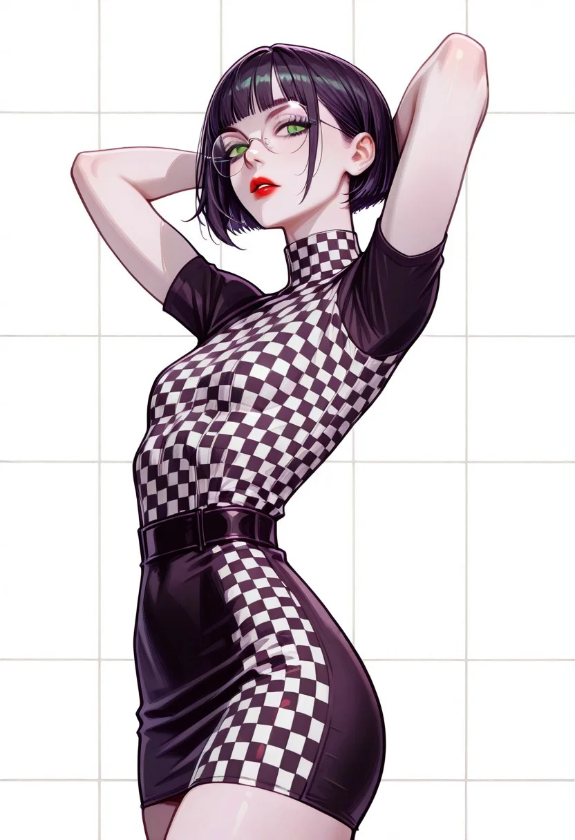masterpiece, best quality, 32k, high resolution, absurdres, JeddtlIL, dtlys, hyper-detailed, Polly, PollyRH, short hair, bobcut, black hair, bangs, green eyes, small breasts, almost flat chest, slim, pale skin, big round eyeglasses, clear eyeglasses lenses, red lipgloss, black and white background, Checkered background, checkered tube dress, red and black dress, tight dress, pinup pose, shadow, aesthetic, cowboy shot, hands behind head, parted lips
