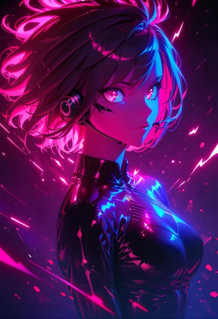 Movie Poster page, (promotional poster), Ruby Rose, 1female, solo, humanoid android, silver eyes, singer's uniform, headset, WeirdOutfit style, concert, Nippon Budokan, glowneon, glowing, sparks, lightning, shadow minimalism, (best quality), (masterpiece), detailed, beautiful detailed eyes, perfect anatomy, perfect body, perfect face, perfect hair, perfect legs, perfect hands, perfect arms, perfect fingers, detailed hair, detailed face, detailed eyes, detailed clothes, detailed skin, ultra-detailed, (full body), (upper body), (top quality), pop art, extremely detailed, extremely detailed CG, (high resolution), highly detailed, (high quality), (perfect quality), (glitchcore colors)