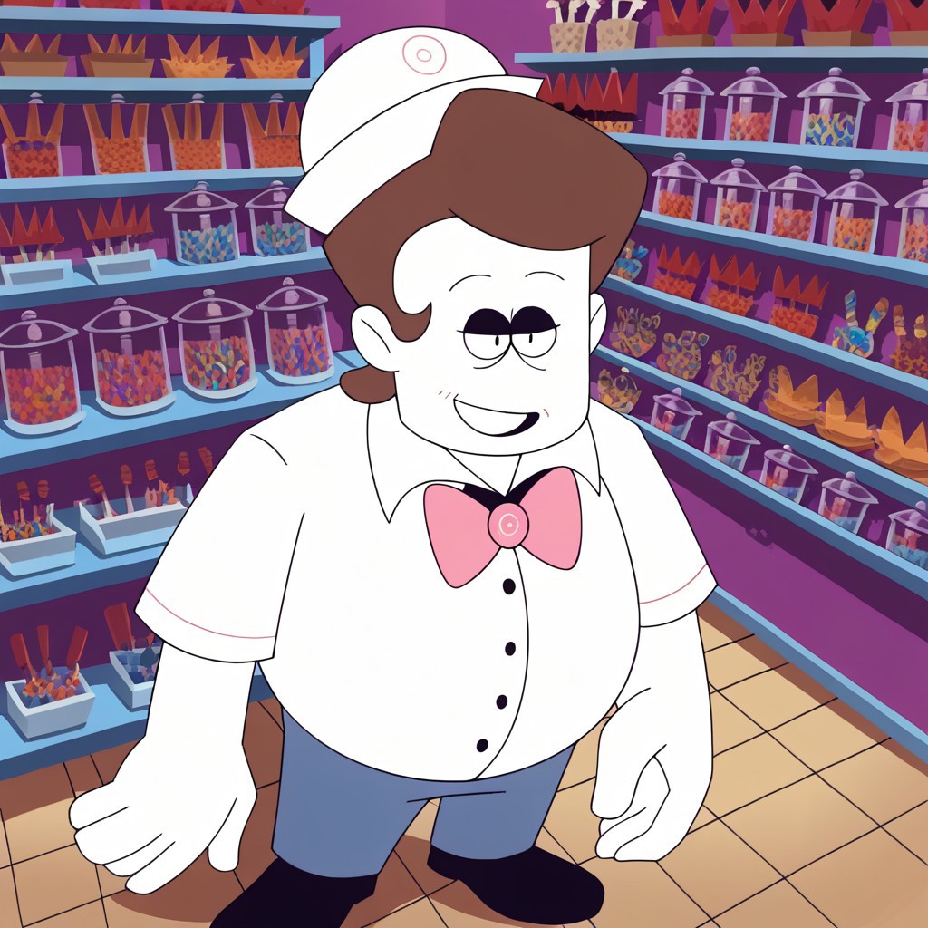 male, white skin, brown hair, solo, black eyeshadow, black eyes, black shoes, chubby build, fat, blue pants, detail background, 4k, masterpiece, best quality, highly detailed, high quality, extreme quality, candy store background, A white button-down shirt, A pink bow, A white ice cream shop employee hat with pink details, close up, from above, face focus, smile, close up
