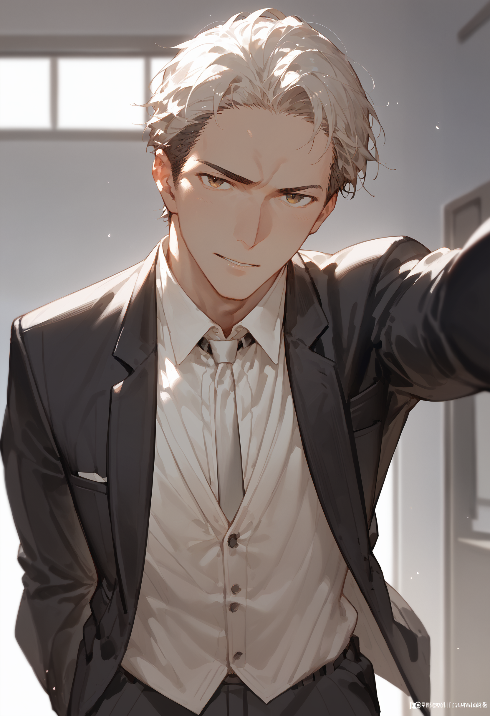 score_9, score_8_up, score_7_up, [:1boy:0.5], kabedon on viewer, bangs, white shirt, formal suit
<lora:kabedon_pony_2:1>
