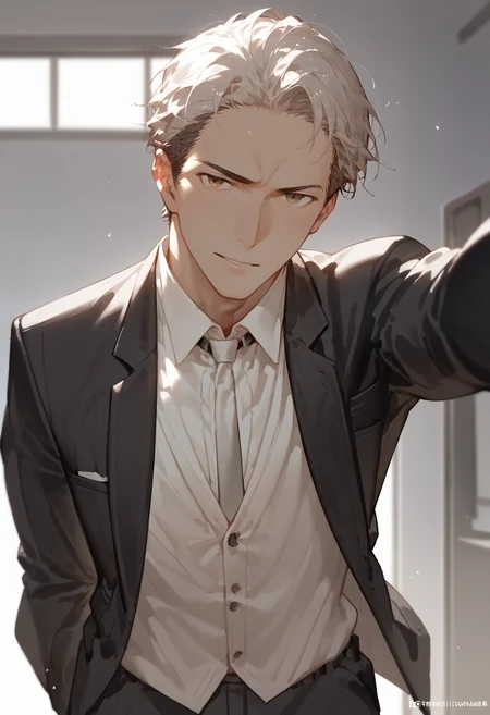 score_9, score_8_up, score_7_up, [:1boy:0.5], kabedon on viewer, bangs, white shirt, formal suit
<lora:kabedon_pony_2:1>