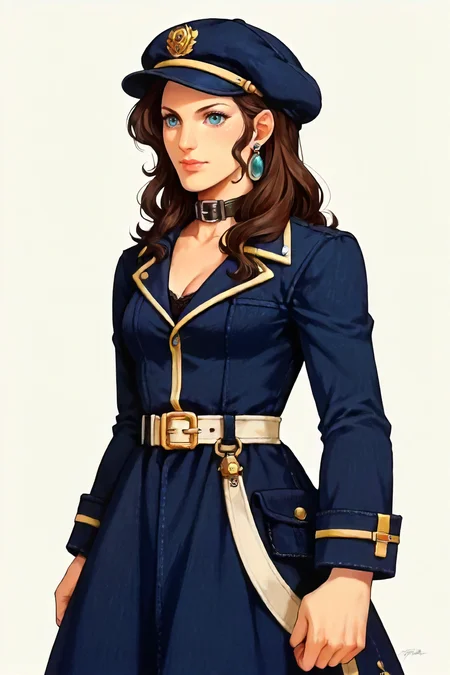 source_anime, dorothea arnault, <lora:zs_FE9PortraitsXL:1>fe9portraits, solo, cowboy shot, simple background, 1girl, cabbie hat, collar, black jacket, cleavage, black skirt, thighhigh boots, zPDXL2 zPDXLpg pny-safe, <lora:Aesthetics_Enhancer_pony:0.21> EnhanceImage,