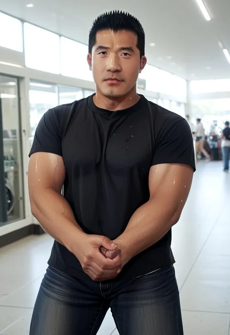 male focus, bara, muscular male, pectorals, large pectorals, short hair , mature male, thick thighs, thick eyebrows, looking at viewer, black hair, sideburns, score_9, score_8_up, score_7_up, score_6_up, score_5_up, score_4_up, (((htkangface))), East Asian face, Photorealistic, sweaty, arrogant face, dynamic pose, the man is wearing black t-shirt. The man is wearing jeans. The man is wearing windbreaker jacket. On the street