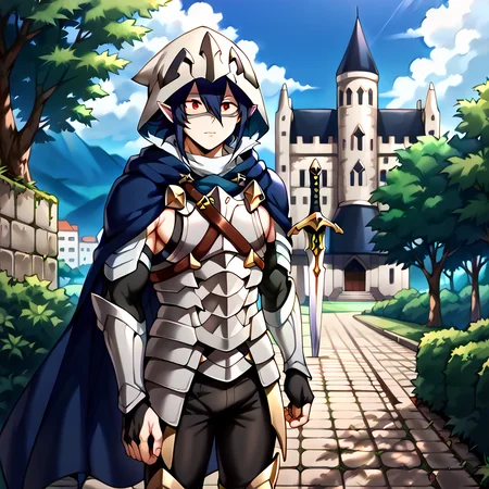 masterpiece, best quality, sharp aliasing, highly detailed, Quality, High Definition, <lora:EPfeCorrinPony:1>EPfeCorrin, blue cape, armour, black gloves, black pants, wearing pants, outdoors, day, stone ground, tree, bush, buildings, barefoot, toeless legwear, armoured legwear, stirrup legwear, 5 toes <lora:Amajiki_Tamaki__Pony:1>Tamaki Amajiki, pointy ears, red eyes, dark blue hair, hair between eyes, hood, mask, male, male body, sword, standing <lora:feet_anime_pony_v2:1>feet, dark blue toenails