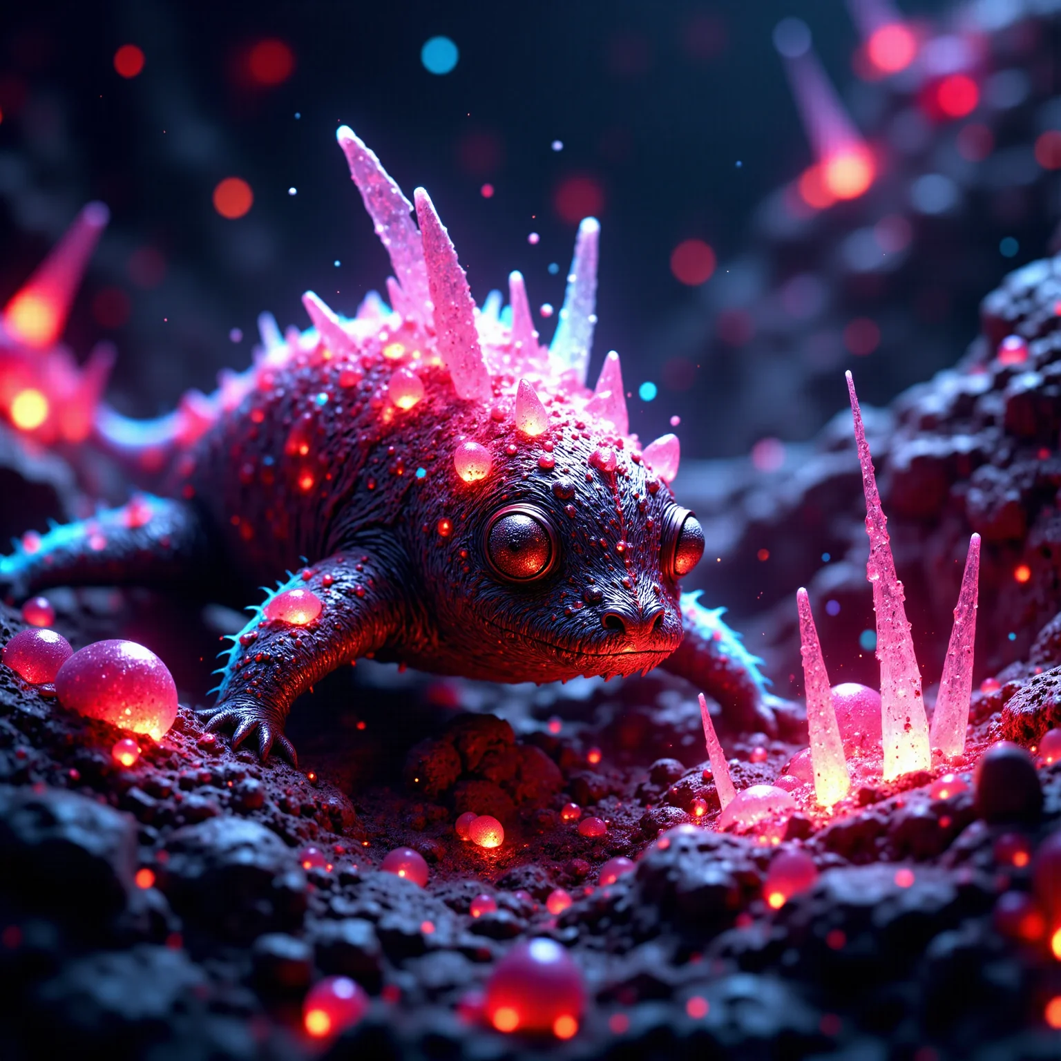 famous masterwork, intricately detailed fantasy oil painting, epic composition, detailed background, chiaroscuro, award-winning macro photo, (short depth of field:1.2), hyper realistic, neon hues, subsurface scattering, the microscopic "jittery skitterwhale" is a (softly glowing:1.3) dimension traveling creature, its foxylorbled (bioluminscent wings:1.3) help it navigate the crystalline habitat on planet "zynkelton viii", with its translucent eggerfroggles it absorbs nutrients from its vorblyborked prey, (dappled sunlight:1.1), mythp0rt <lora:image_enhancer-flux-by_dever:0.6> <lora:style-velvet's_mythic_fantasy-flux-by_velvets:1.12>