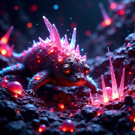 famous masterwork, intricately detailed fantasy oil painting, epic composition, detailed background, chiaroscuro, award-winning macro photo, (short depth of field:1.2), hyper realistic, neon hues, subsurface scattering, the microscopic "jittery skitterwhale" is a (softly glowing:1.3) dimension traveling creature, its foxylorbled (bioluminscent wings:1.3) help it navigate the crystalline habitat on planet "zynkelton viii", with its translucent eggerfroggles it absorbs nutrients from its vorblyborked prey, (dappled sunlight:1.1), mythp0rt <lora:image_enhancer-flux-by_dever:0.6> <lora:style-velvet's_mythic_fantasy-flux-by_velvets:1.12>