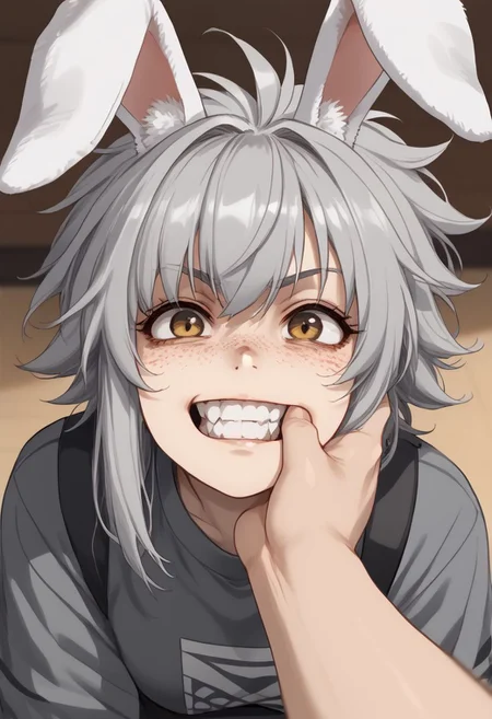 score_9, score_8_up, score_7_up, source_anime, 1girl, animal ears, rabbit ears, floppy ears, fang, (sharp teeth:0.6), grey hair, spiky hair, freckles, grin, cheek pull, mouth pull, POV, looking up, ^_^, fiday, depth of field, zPDXL2,
