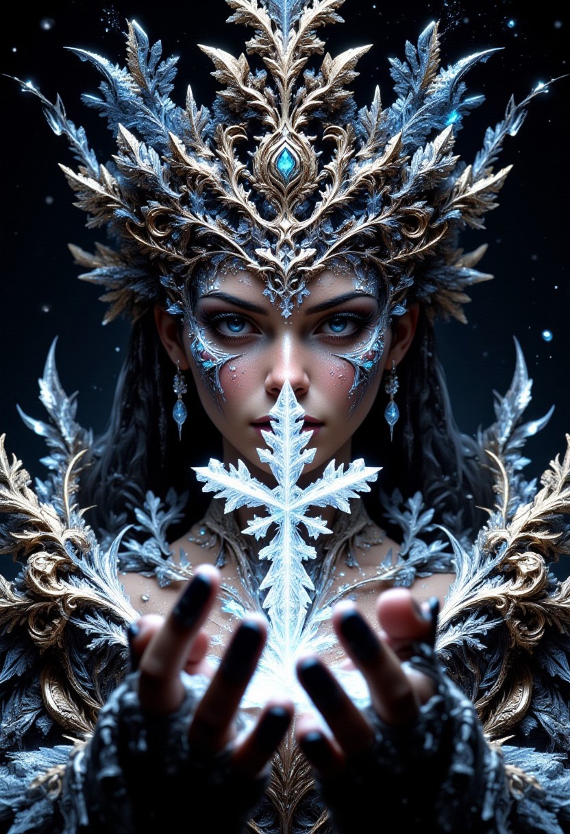 masterpiece, highly detailed
enigmatic eyes of a sorceress. Intricate winter patterns made of snowflakes, ice crystals and glittering light effects that shimmer on the face. Chiaroscuro. Drama, shadows on the face. Color palette of rich white, cream and shimmering silver tones.  captivating image. (((upper body, dress)))
vivid color, simple background, 3D Render Style, hkmagic, DreamArt, Digital artwork featuring a highly detailed snowflake design, intricately carved into the shape of (SUBJECT). holds a large snowflake in his hand. Glass snowflake. crystal snowflake.