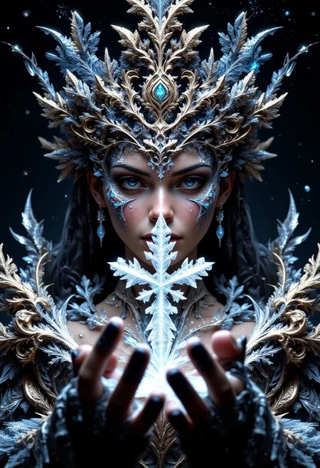 masterpiece, highly detailed
enigmatic eyes of a sorceress. Intricate winter patterns made of snowflakes, ice crystals and glittering light effects that shimmer on the face. Chiaroscuro. Drama, shadows on the face. Color palette of rich white, cream and shimmering silver tones. captivating image. (((upper body, dress)))
vivid color, simple background, 3D Render Style, hkmagic, DreamArt, Digital artwork featuring a highly detailed snowflake design, intricately carved into the shape of (SUBJECT). holds a large snowflake in his hand. Glass snowflake. crystal snowflake.