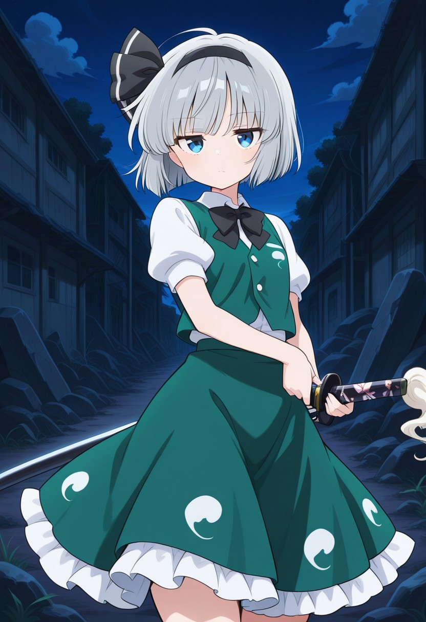 konpaku youmu, 1girl, solo, blue eyes, grey hair, short hair, black hairband, hair bow, black bow, black bowtie, white shirt, collared shirt, puffy short sleeves, green vest, green skirt, frilled skirt, adjusting, bowtie, holding hilt, jitome, serious, outdoors, city ruins, standing, cowboy shot, night,