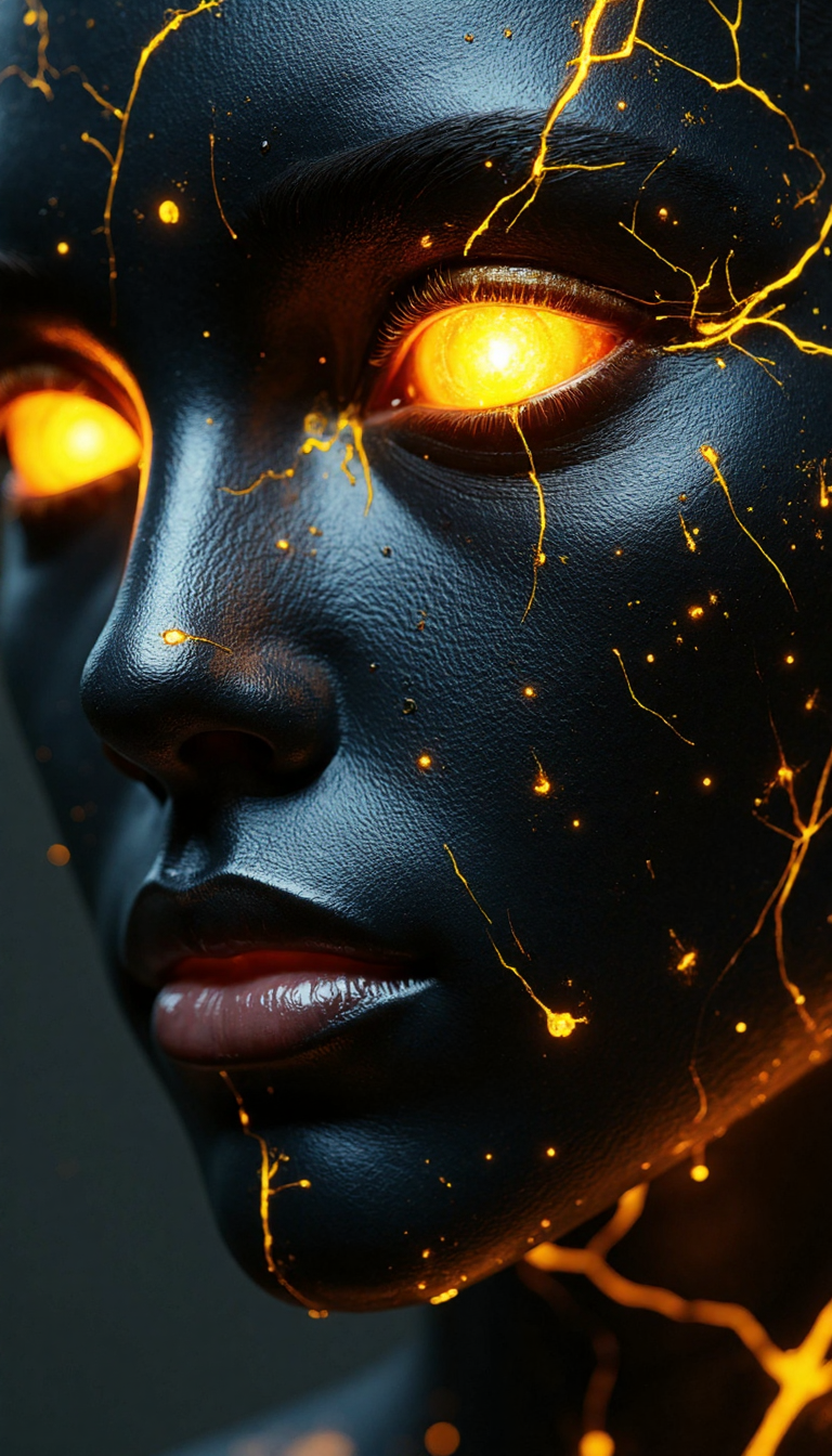 This image portrays a compelling, futuristic character that feels alive with restrained energy. The glowing gold eyes and accents against the metallic black skin create a striking contrast, emphasizing themes of power, transformation, and the interplay between darkness and light. The intricate textures and patterns add to the narrative of a being that is both human and transcendent, evoking mystery and awe.