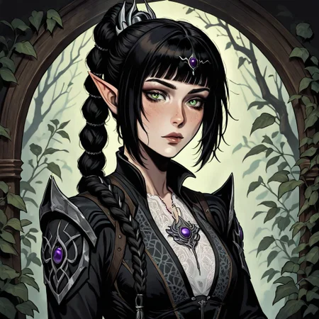 masterpiece, best quality, newest, absurdres, highres, FCMXV1.0, VGE-V1.0, goth fashion, victorian ,1girl, shadowheart \(baldur's gate\), long braid, elf, pointy ears, black hair, braid, side bangs, green eyes,