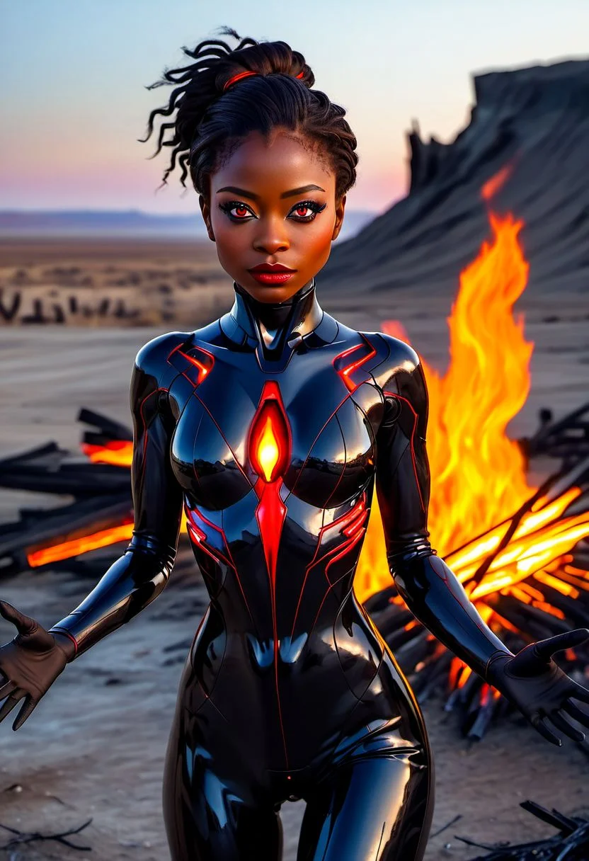 (masterpiece), best quality, expressive eyes, perfect face, highest quality, (masterpiece), best quality, expressive very dark brown skin, 1girl, small breasts, hair up, black plugsuit with red accent, outstretched arms towards viewer, holding fire in hands showing viewer, glowing red eyes, in a barren wasteland, shocked expression