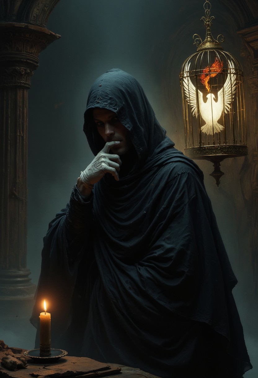 A S1n0z1ck style surreal, m100-style gothic scene in a dimly lit, ornate room with high ceilings and intricate architectural details. The focus is on a powerful man dressed in a flowing black hooded cloak, his silhouette dominating the space. Shadows obscure his face, revealing a pale, expressionless visage. He raises a single gloved hand, white and striking, dramatically over his mouth, suggesting a haunting gesture. To the right, a large, ornate golden birdcage-like structure hangs from the ceiling, adorned with elaborate wing-like designs and a central stylized white dove that looks spectral, glowing faintly with an otherworldly light, with a small red ember pulsing on its body. In the foreground, a flickering candle rests on a ledge, casting a warm, trembling glow, contrasting with the chilling atmosphere surrounding the man. 70sczech
