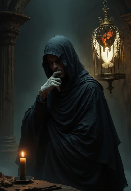 A S1n0z1ck style surreal, m100-style gothic scene in a dimly lit, ornate room with high ceilings and intricate architectural details. The focus is on a powerful man dressed in a flowing black hooded cloak, his silhouette dominating the space. Shadows obscure his face, revealing a pale, expressionless visage. He raises a single gloved hand, white and striking, dramatically over his mouth, suggesting a haunting gesture. To the right, a large, ornate golden birdcage-like structure hangs from the ceiling, adorned with elaborate wing-like designs and a central stylized white dove that looks spectral, glowing faintly with an otherworldly light, with a small red ember pulsing on its body. In the foreground, a flickering candle rests on a ledge, casting a warm, trembling glow, contrasting with the chilling atmosphere surrounding the man. 70sczech