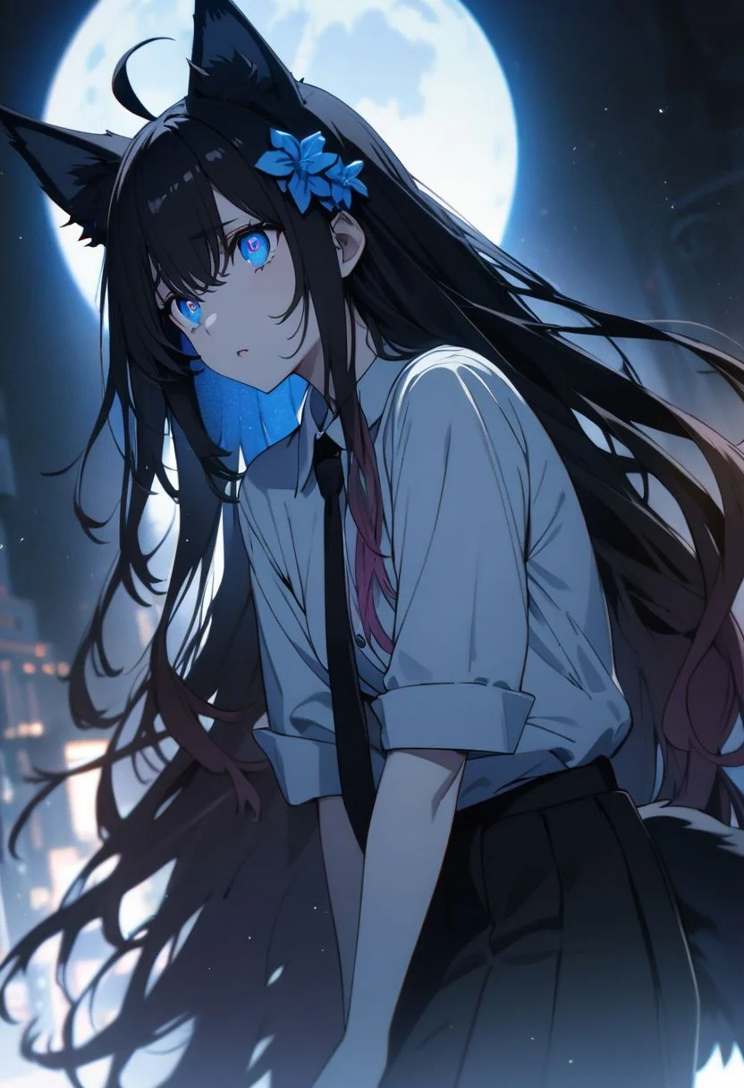 gorgeous lips, cinematic, (masterpiece), (best quality), (ultra-detailed), very aesthetic, illustration, perfect composition, intricate details, absurdres, detailed face, (anime, masterpiece, intricate:1.3), (best quality, hires textures, high detail:1.2), (4k),(incredibly detailed:1.4) 
(detailed light), thin eyebrows, masterpiece, big fox ears, (((blue inside hair))), shiny hair, (black_hair :1.7), (dark_blue_hair :1.2), (gradient hair :1.5), blue flower hair ornament, ahoge, (((long hair))), shy, black and white, straight black fox ears, fluffy fox ears, big pointed fox ears, black fox ears with white inside, pastel dark blue eyes, dark blue eyes, ((white tips)), ((black tails)), short, petite, pale skin, small chest,  detailed lighting, detailed eyes, detailed lighting, detailed eyes, detailed fabric, detailed skin, beautiful eyes, sun light particles
full moon, night, sparkling eyes looking up to the moon, shocked, plain white buttoned shirt, black pleated skirt, black neck tie, cowboy shot, remote shot, arms resting on the side ,mksks,NEON COLOR, LOFI COLOR