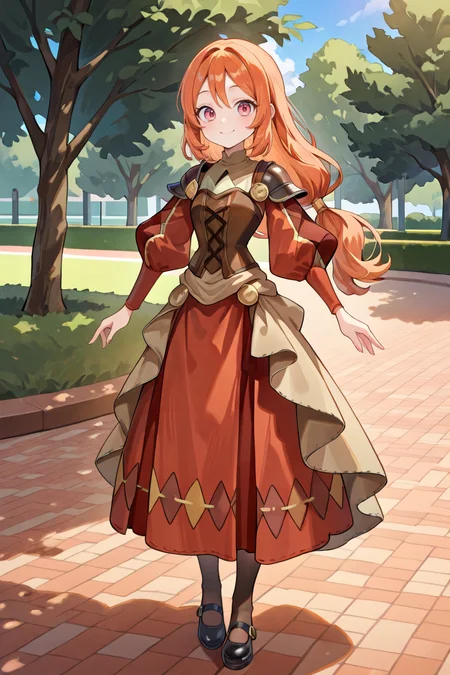 <lora:MonicaIL:0.8> , MoniDef, 1girl, pink eyes, long hair, orange hair, low-tied long hair, juliet sleeves, shoulder pads, patchwork clothes, layered dress, corset, beige undershirt, brown corset, long skirt, red skirt, waist cape, beige waist cape, long sleeves, pantyhose, mary janes, black shoes red sleeves, yellow juliet sleeves, full body, smile, day, ((perfect hands)), looking at viewer, park, beige shirt masterpiece, very aesthetic, absurdres, best quality, amazing quality, high resolution, detailed background, <lora:illustrious_quality_modifiers_masterpieces_v1:0.8> , <lora:ChamIllustriousBackgroundEnhancer:0.5>,