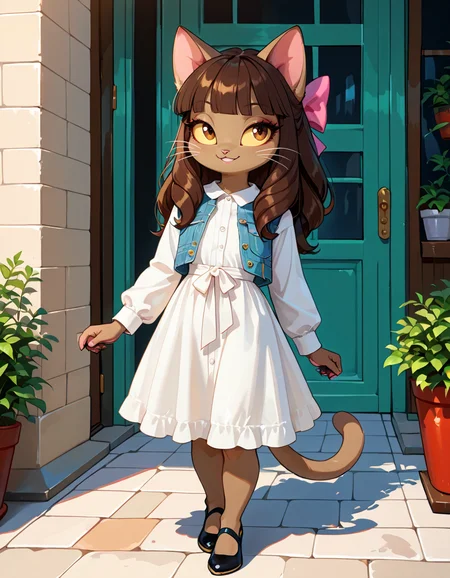 masterpiece, best quality, very aesthetic, absurdres,
outdoors,casual, 
full body, posing, 
seductive smile, parted lips, long eyelashes,
 <lora:Ivy_Pepper_v01_NAIXL:1>
1vyP3pp3r,1girl,solo,furry,furry female,cat girl,cat ears,brown hair,hair bow,long hair,blunt bangs,brown eyes,yellow sclera,animal nose,whiskers,body fur,cat tail,