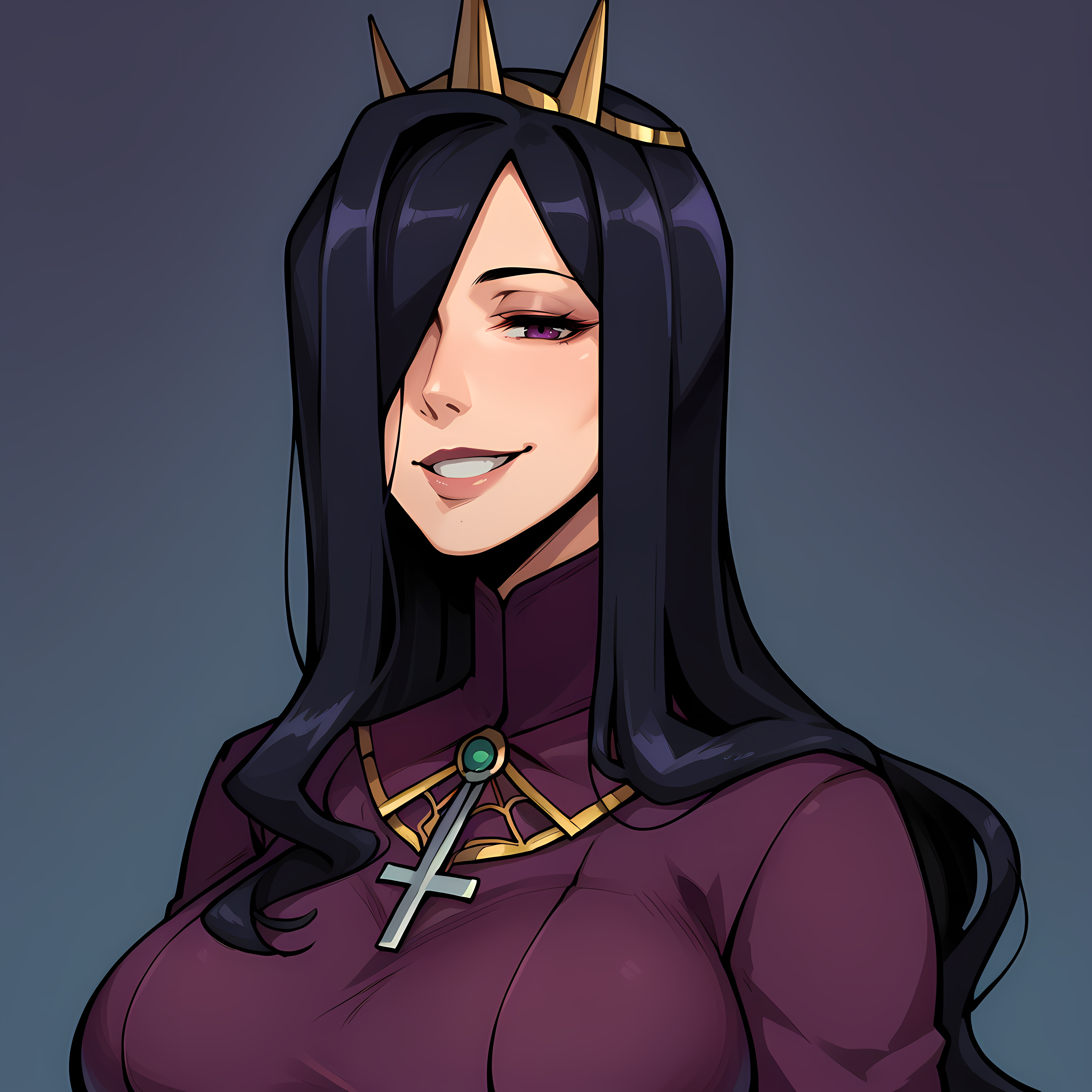 score_9,score_8_up,score_7_up,score_6_up,source_anime,rating_questionable,solo, 1girl, 3/4 profile,  <lora:Queen_Nancy_-_Skullgirls:0.8>QueenNancy,long hair, hair over one eye, large breasts, purple dress, black hair, queen, crown, close up, mature woman, smile,, zPDXL2,