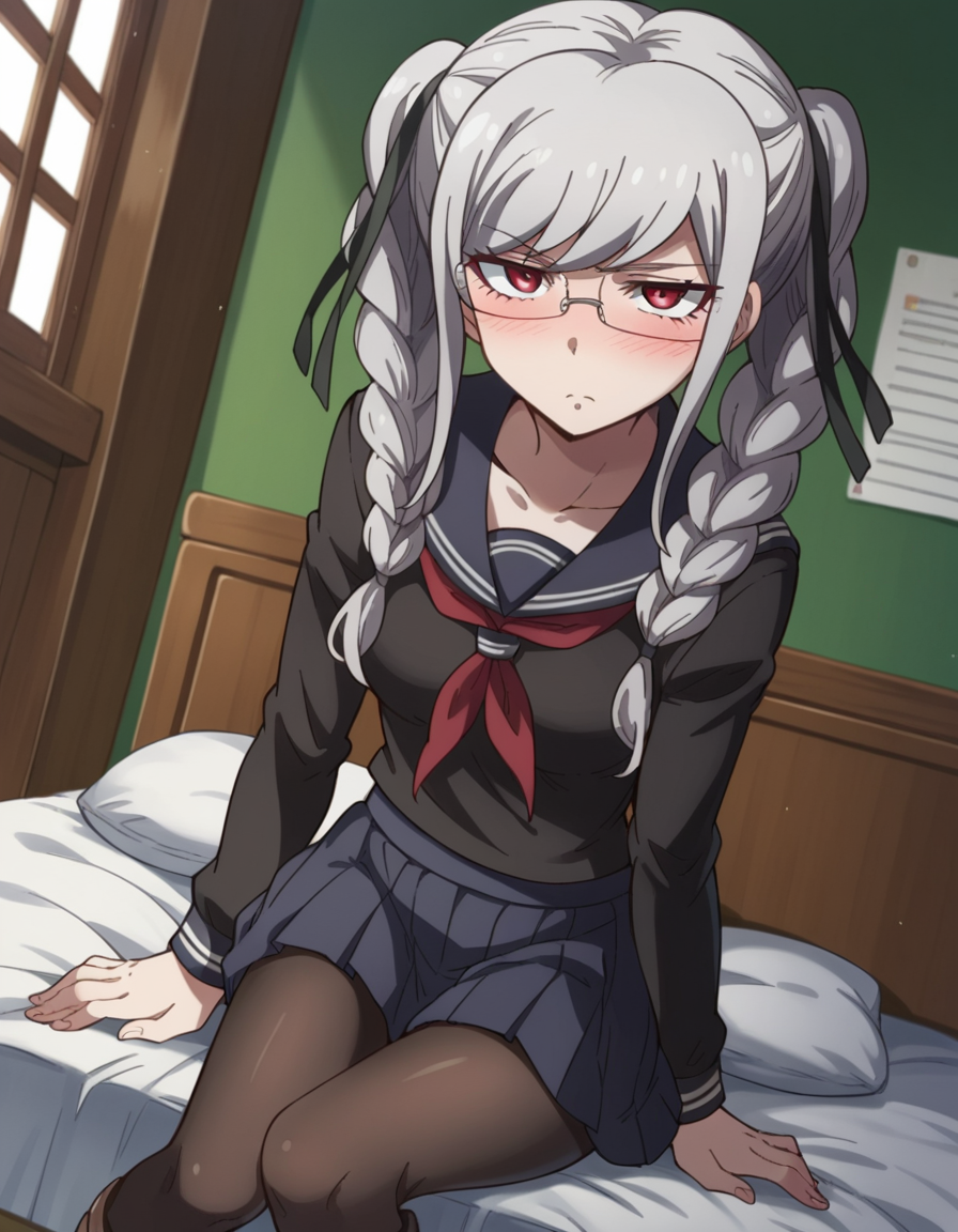 score_9, score_8_up, score_7_up, source_anime,
pekopekoyama, <lora:peko-pekoyama-s2-ponyxl-lora-nochekaiser:1>,
peko pekoyama, braid, long hair, red eyes, twin braids, glasses, white hair,
black pantyhose, black shirt, brown footwear, collarbone, pantyhose, pleated skirt, school uniform, serafuku, shirt, shoes, skirt,
indoors, bed, bed room, on side, blush, drunk,
looking at viewer, cowboy shot, dutch angle, solo,