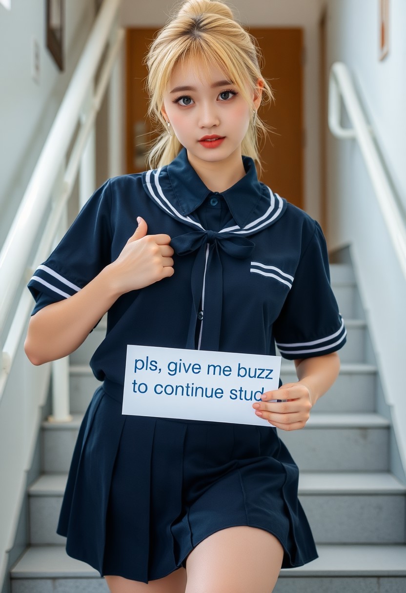 Gray eyes, South Korea school uniform, summer school uniform shirt, ribbon tie, skirt, bright blonde hair, school stairs, lower school stairs, chest thrust pose, chest bragging pose, 8k original photo, high resolution, 1 Korean cool, very large round breasts, beautiful eye details, long eyelashes, beautiful double eyelids, eye shadow, eyeliner, slender eyes, slender eyes, slender eyes, slender eye shape, beautiful very thin legs, beautiful very thin thighs, random medium hair, hair tied behind the head, earrings, 
Holding sign text on it "pls give me buzz to continue study"