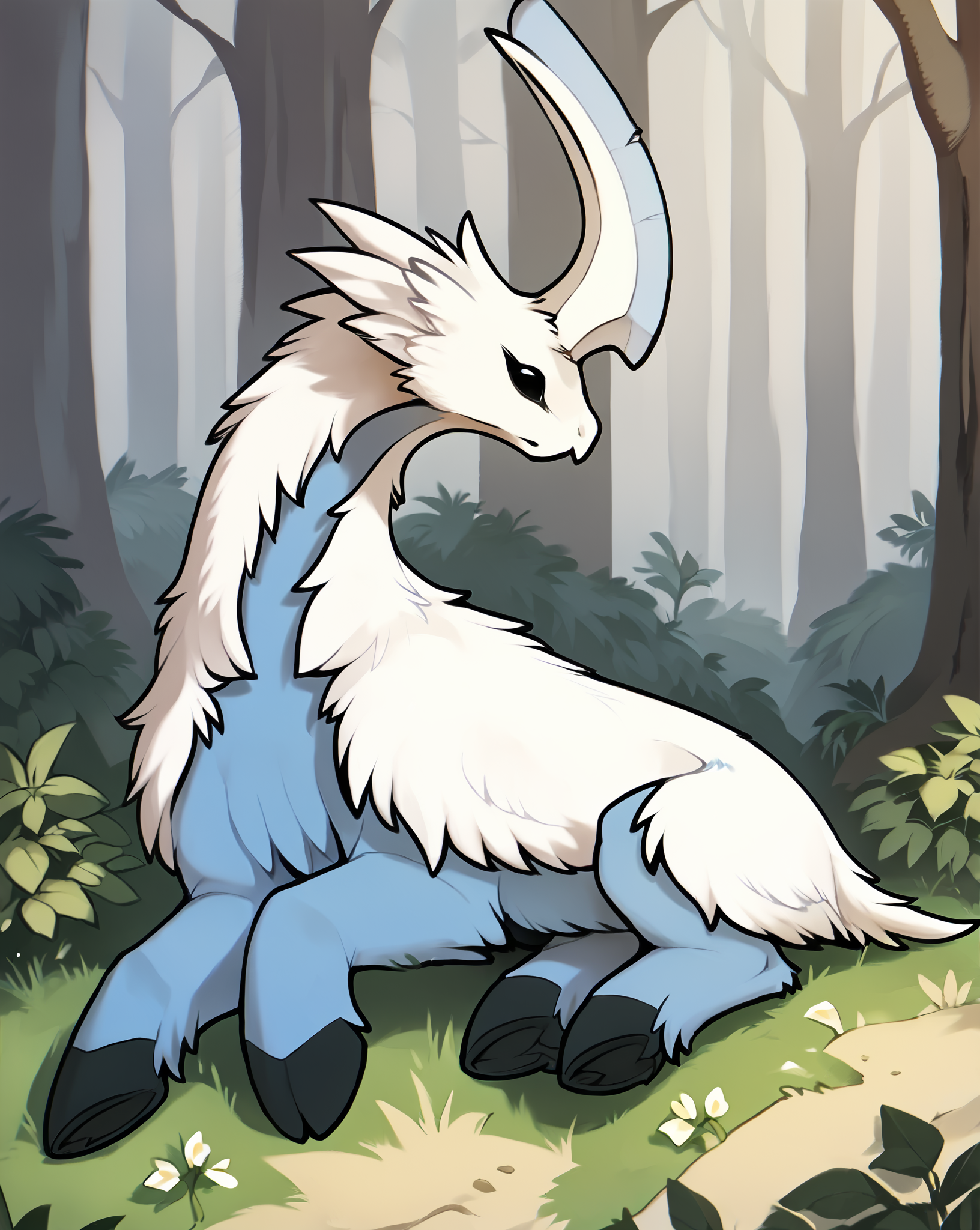 <lora:RW_Thrumbo_a1_3_PonyXL-000007>,<lora:PDXL_artist_tags_v2>,score_9,score_8_up,score_7_up,score_6_up,score_5_up,source_furry,thrumbo,feral,solo,(by crayon \(artist\):0.7),by kame 3,by lostgoose,hi res,detailed background,forest,
multicolored body,hooves,white horn,mouthless,white fur,blue body,black eyes,simple eyes,