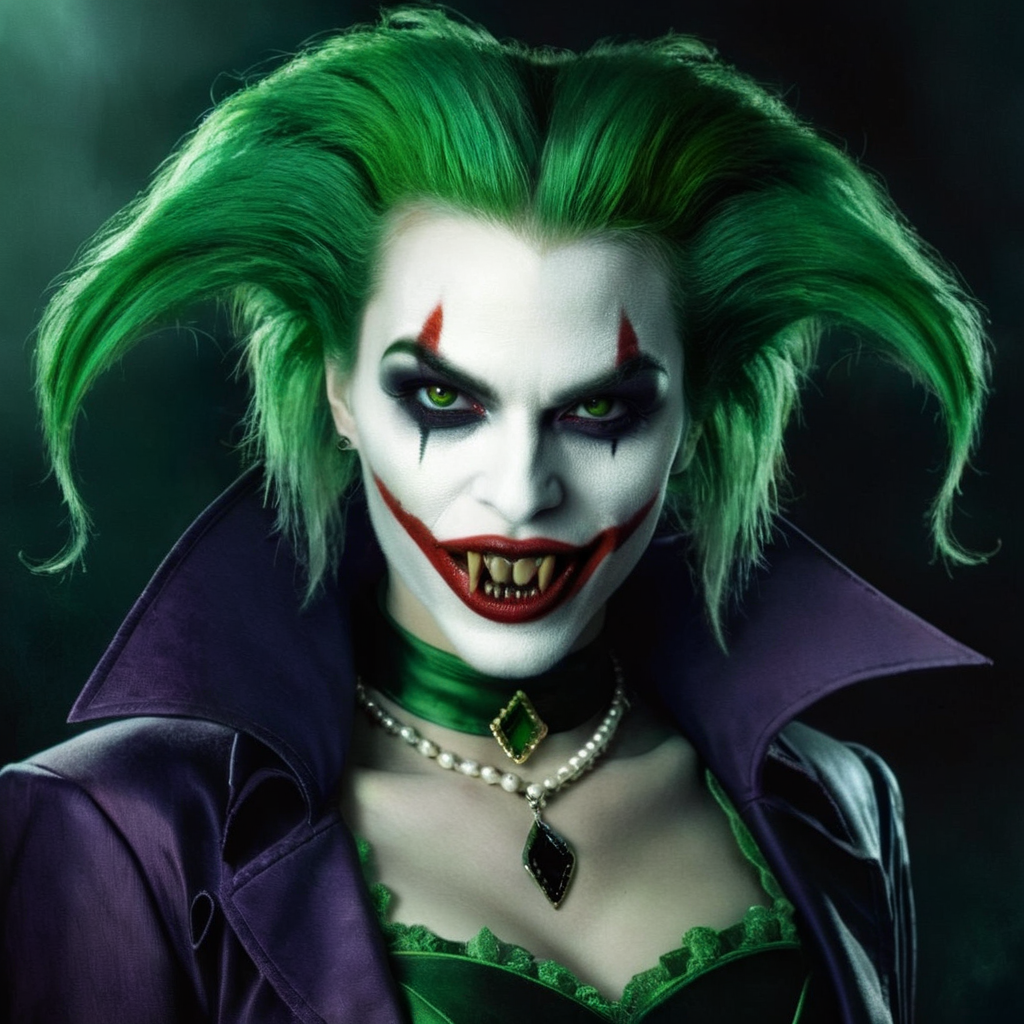 Dark Fantasy Art of  <lora:vampire fangs teeth 2:1.2>
Female Vampire a woman dressed as a joker with green hair Vampire Fangs Teeth, dark, moody, dark fantasy style