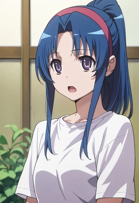 score_9, score_8_up, score_7_up, source_anime, kawashima ami, blue hair, long hair, purple eyes, 1girl, solo, hairband, ponytail, open mouth, anime coloring, :o