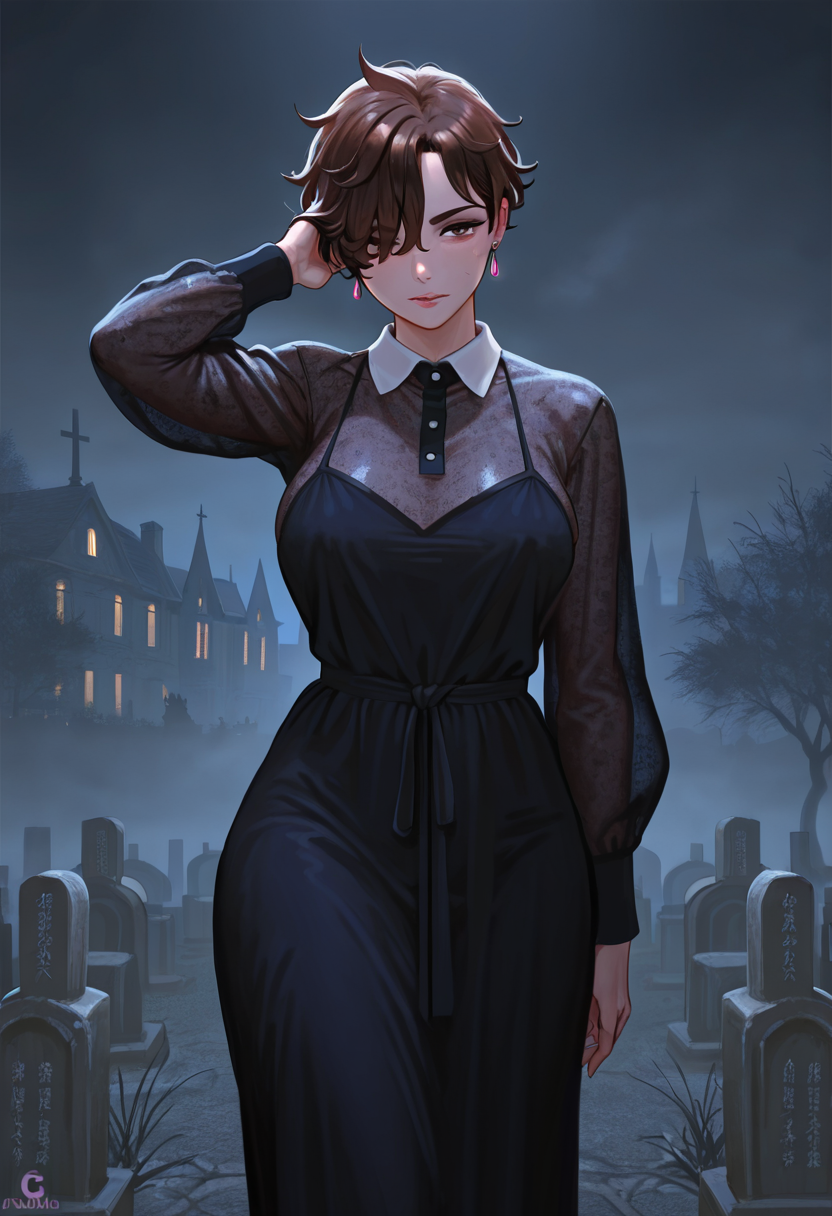 masterpiece, best quality, amazing quality, ultra detailed, solo, 1female, adult, tall female, brown hair, short hair, hand in hair, earrings, wavy hair, hair over eye, velvet dress, collared dress, cowboy shot, underlighting, cemetery, city, fog, night, ,<lora:G-Puniro_Style_IL:0.81>