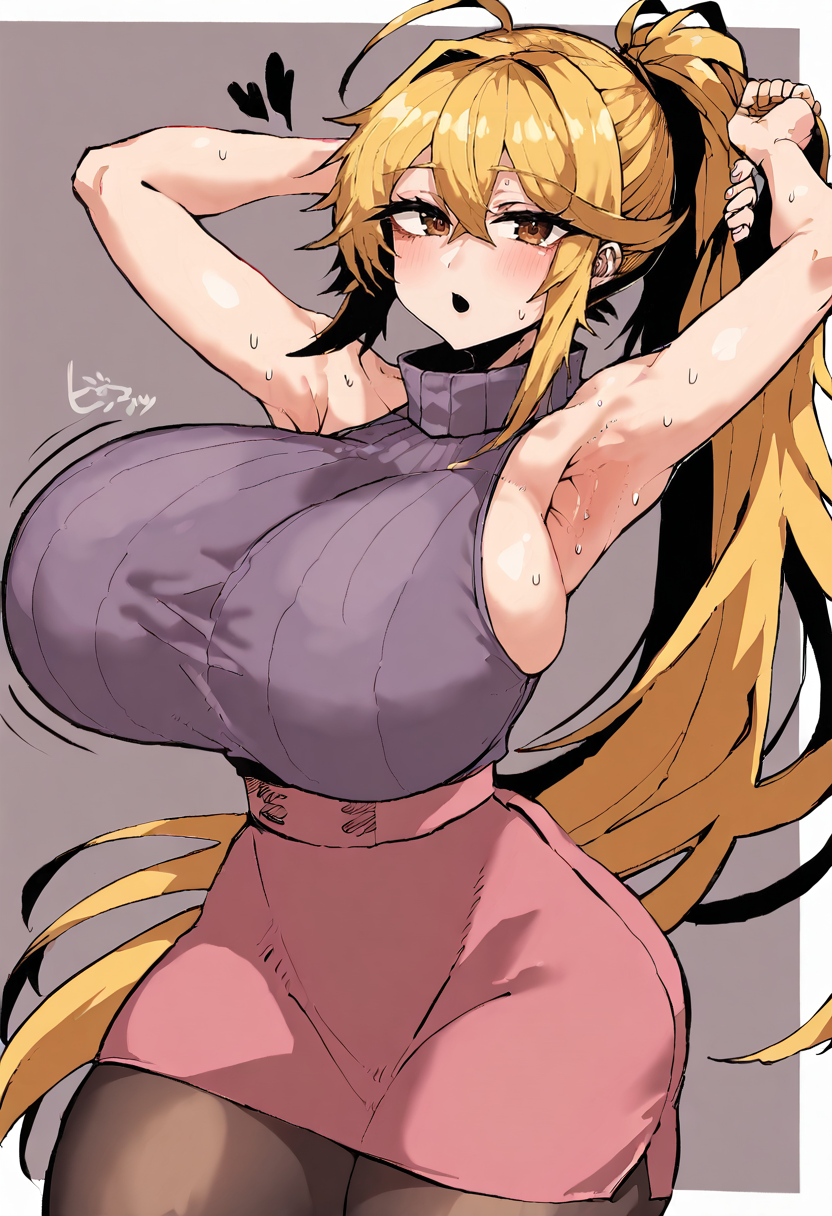 score_9, score_7_up,  1girl, 
huge breasts, wide hips, thick thighs, turtleneck sweater, brown eyes, turtleneck, ribbed sweater, sweat, bare shoulders, holding hair, sleeveless sweater, holding, heart, heart in eye, purple sweater, pantyhose, breasts, armpits, thighs, skirt, high-waist skirt, long hair, bare arms, hair between eyes, open mouth, sleeveless, pink skirt, ahoge, sleeveless turtleneck, looking at viewer, symbol in eye, solo, black pantyhose, sweater, ponytail, very long hair, blonde hair
 <lora:kakakarute06ame-Style-PonyXL-GLoRA-000048:1>
