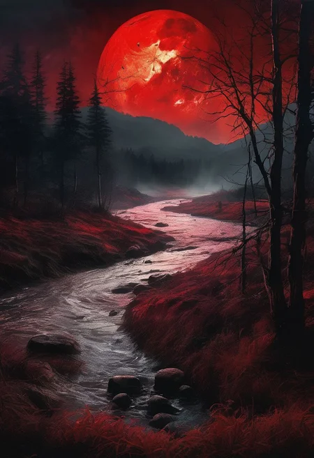 (masterpiece:1.4), best quality, watercolor, ink,oil & pencil, oil painting, (masterpiece, best quality:1.4), cinematic light, colorful, high contrast, mountain, grass, tree, night, (horror (theme):1.2), (captivating digital art), cinematic lighting, colorful, high contrast, eerie mountain landscape, lush grass, twisted trees, night scene, (horror theme:1.2), (menacing monster:1.2) lurking in shadows, dark atmosphere, blood rain pouring down, blood-red river flowing, haunting blood moon in the sky, chilling and intense visual experience, dark, blood rain, blood river, blood moon, (rating_explicit),